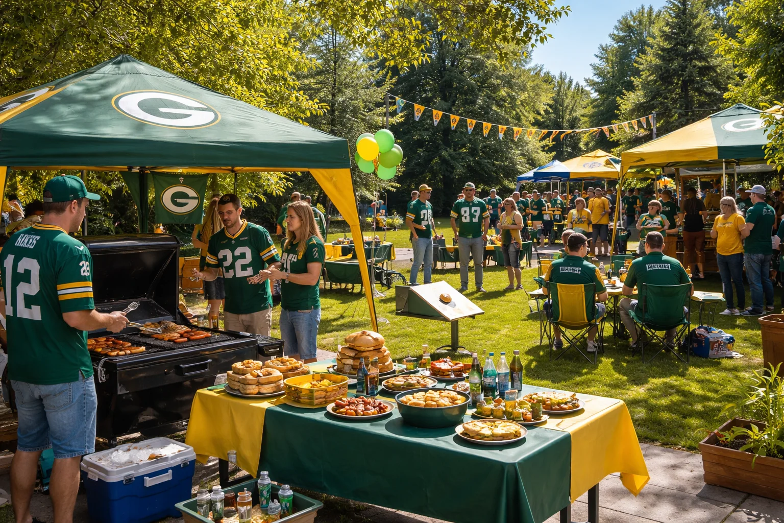 Packers fans tailgating in a local yard near Lambeau Field on game day